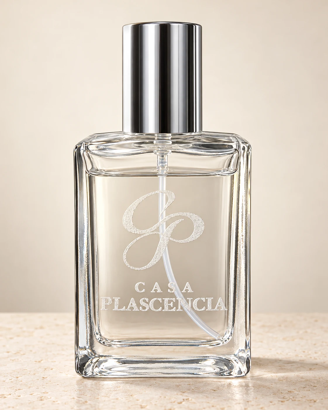 CASA PLASCENCIA broad engraved spray bottle with a silver cap, studio retouch